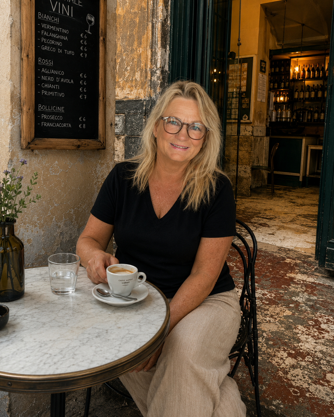 Hilde Prestbakk på en kaffebar i Italia