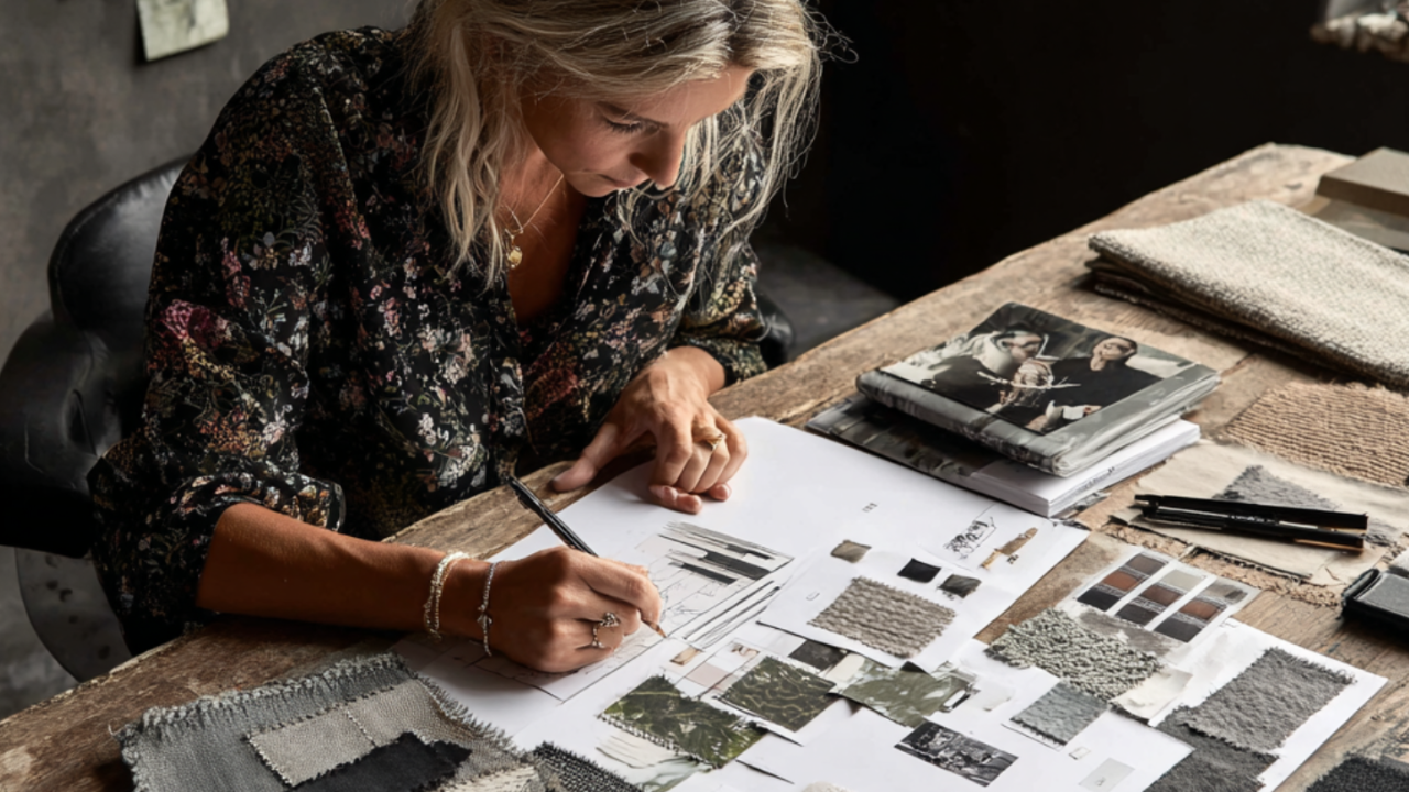 Hilde Prestbakk jobber med moodboard og materialprøver