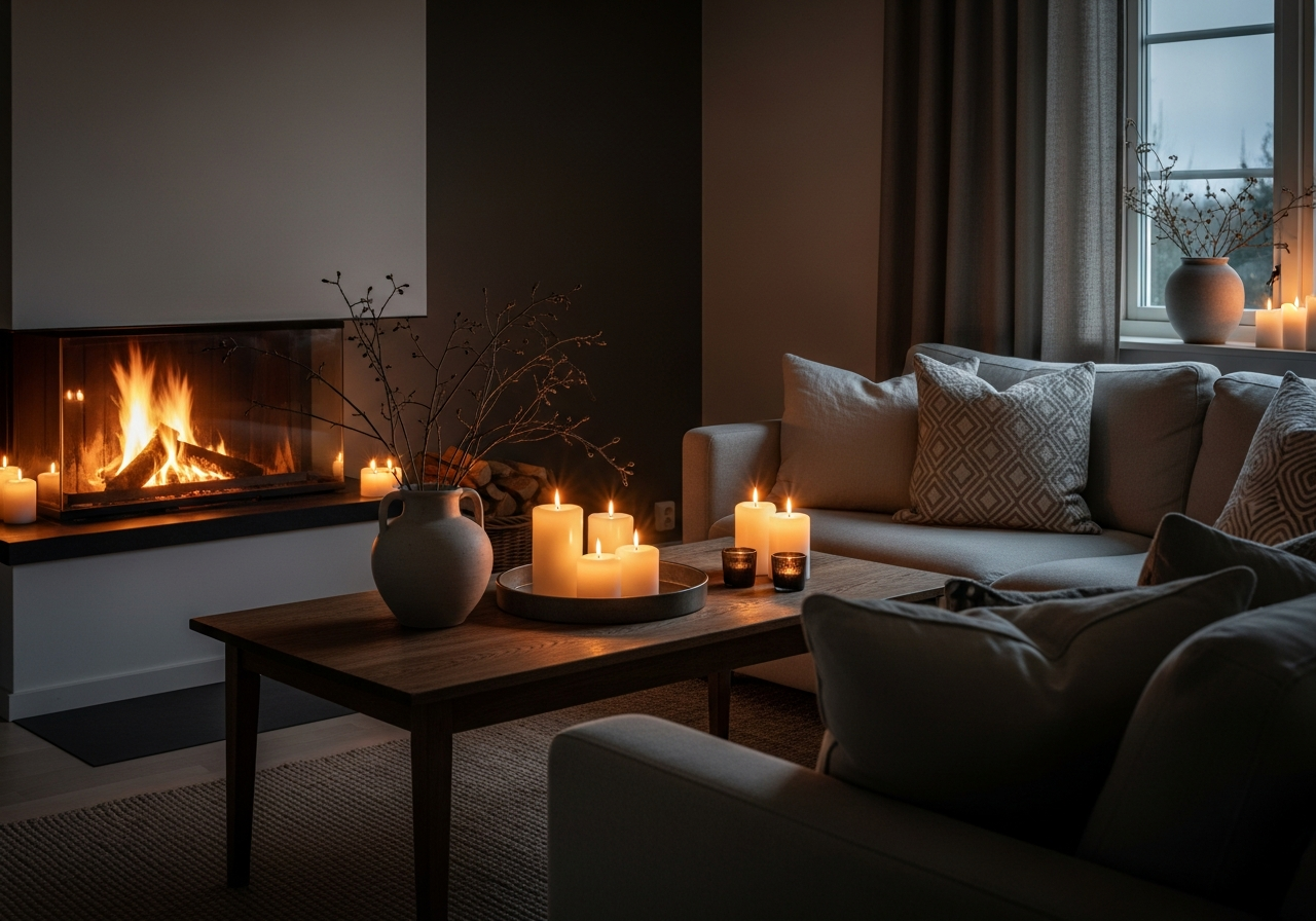 Stue med peis, dempet belysning og varme materialer