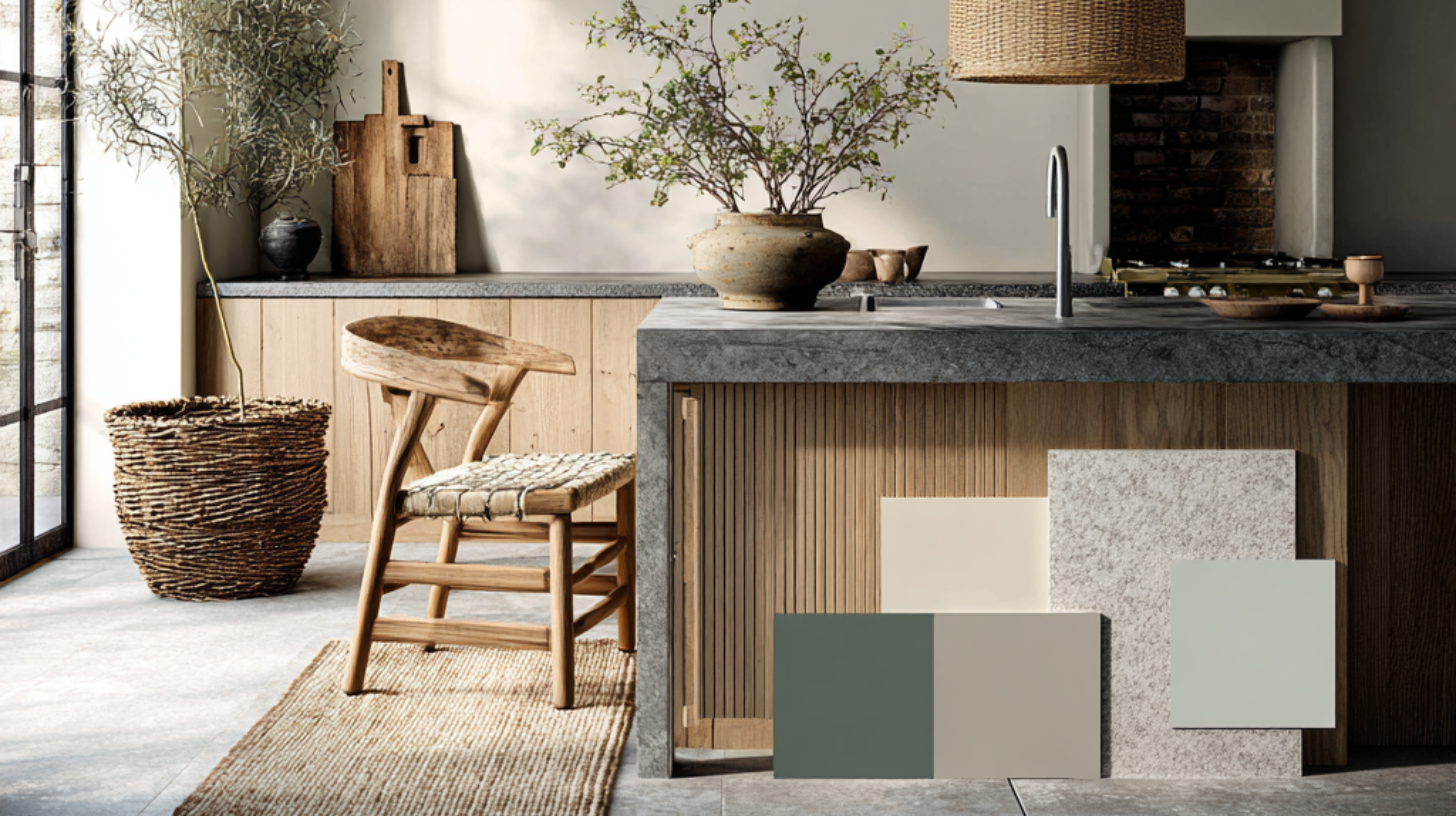 Kjøkken med varm trefinish og rolige kontraster
