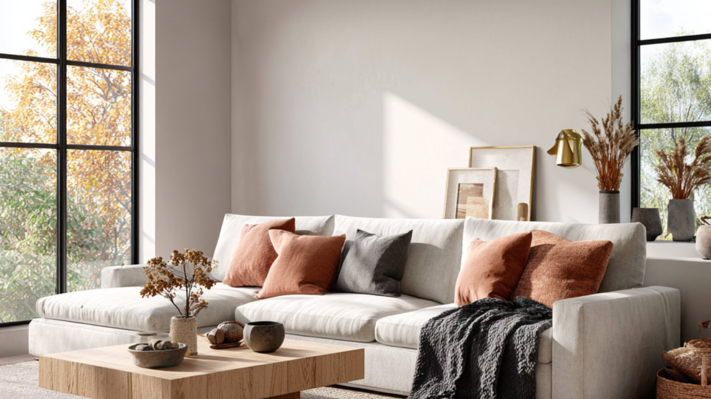 Lyst stuemiljø med myk sofa og naturlig lys