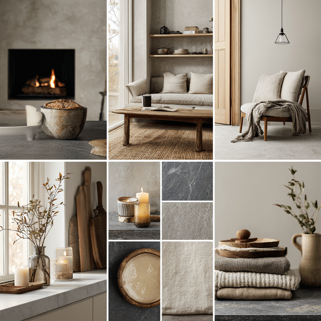 Moodboard med fargeprøver og tekstiler