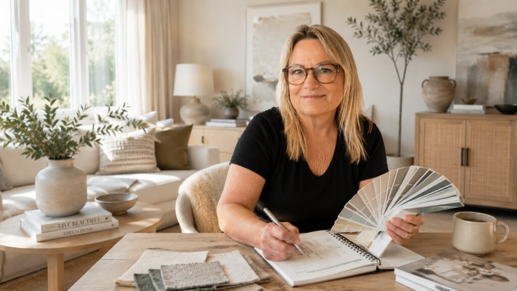 Hilde Prestbakk med fargevifter i et lyst interiør